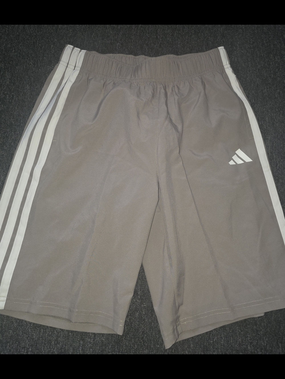 Boys adidas Taupe Athletic Shorts with White Stripes